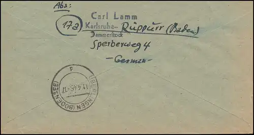 2 AM-Post 4 Pf. avec Communauté 80 Pp comme MiF sur lettre R KARLSRUHE 9.4.1946