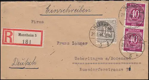 2 AM-Post 4 Pf. mit Gemeinschaft 40 Pf als MiF auf R-Brief MANNHEIM 20.3.1946