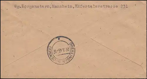 2 AM-Post 4 Pf. mit Gemeinschaft 40 Pf als MiF auf R-Brief MANNHEIM 20.3.1946
