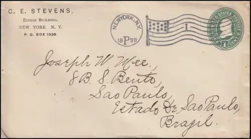 Enveloppe USA 1 centime avec drapeau NEW YORK 1899 sans date au Brésil