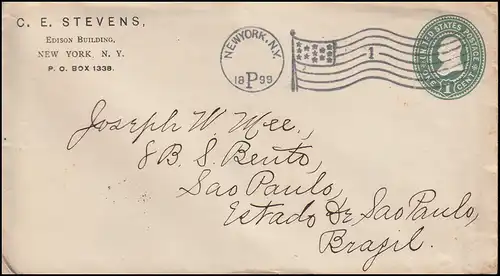 USA-Umschlag 1 Cent mit Flaggenstempel NEW YORK 1899 ohne Datum nach Brasilien