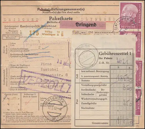 196x+184x+361y auf Paketkarte HEIDELBERG-WIEBLINGEN 9.3.62 nach DORNBIRN 12.3.62