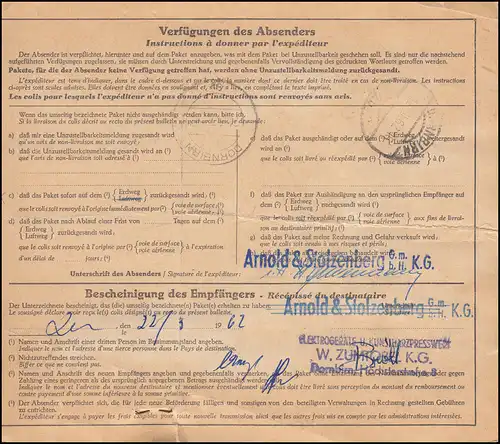 196x+184x+361y auf Paketkarte HEIDELBERG-WIEBLINGEN 9.3.62 nach DORNBIRN 12.3.62