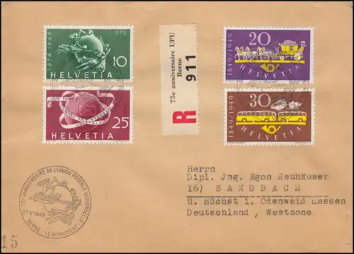 Schweiz 520-523 Post / UPU R-Brief Sonder-R-Zettel UPU-SSt BERN 27.5.1949