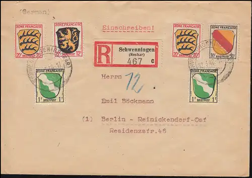 1ff Freimarken Wappen R-Brief SCHWENNINGEN (NECKAR) 12.3.46 nach BERLIN 21.3.
