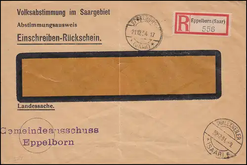 Landessache Volksabstimmung im Saargebiet R-Brief EPPELBORN 21.12.1934