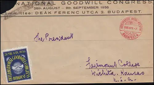 Page de correspondance GOODWILL CONGRESS, National, avec SSt BUDAPEST 7.4.1936 aux États-Unis