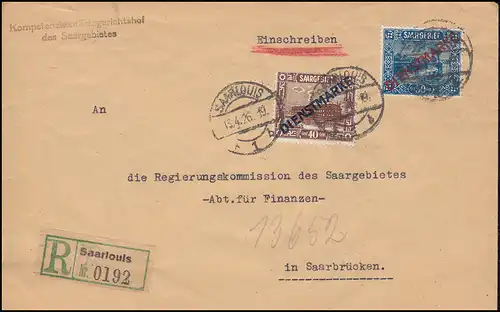 Dienstmarken 8I+9I Aufdruckmarken-MiF auf Orts-R-Brief SAARLOUIS 15.4.1926