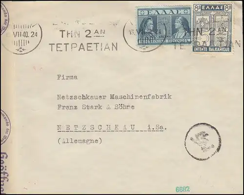 Deutsche Zensurpost auf Griechenland-Brief 436 Balkanbund mit Z 63 ATHEN 13.7.40
