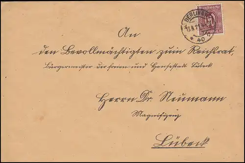 66 Dienst 60 Pf. EF auf Brief Büro des Reichsrats BERLIN 13.8.1922 nach Lübeck