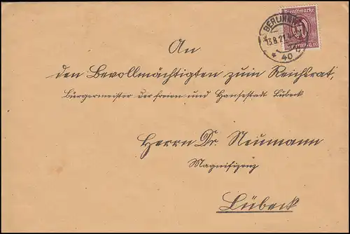 66 Service 60 Pf. EF sur lettre Bureau du Conseil du Reich BERLIN 13.8.1922 après Lübeck