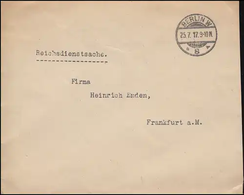 Affaire Reichsserviceamt de l'intérieur Lettre BERLIN 25.7.17 à Francfort/Main