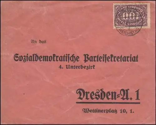 219 Ziffer 100 Mark als EF auf Brief BERLIN NW REICHSTAG 21.3.1923 nach Dresden 