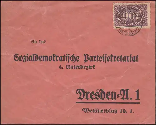 219 paragraphe 100 Mark en tant qu'EF sur lettre BERLIN NW REICHSJEU 21.3.1923 après Dresde