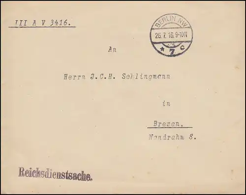 Affaire Reichsservice Office de l'intérieur Lettre BERLIN 26.7.1916 à Brême