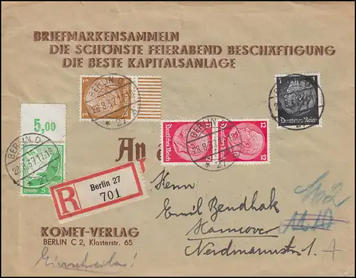 529 Flugpost mit OR und Hindenburg-Franktur auf R-Drucksache BERLIN 28.8.37