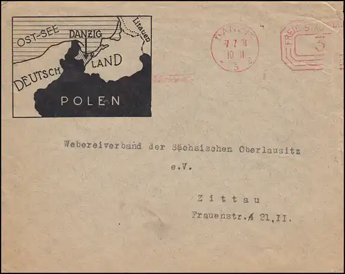 Absenderfreistempel FREIE STATT DANZIG 7.7.1931 als Drucksache 3 Pf. nach Zittau