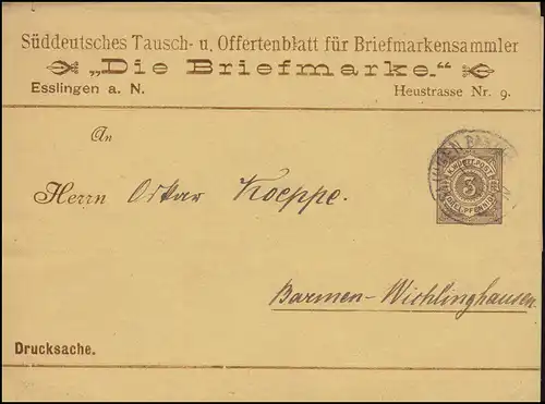 Württemberg PS 2 chiffre 3 pf. marron Objet imprimé Le timbre ESSLINGEN 15.9.94