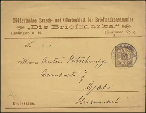 Württemberg PS 2 Ziffer Drucksache Die Briefmarke ESSLINGEN-BAHNHOF 17.1.1895