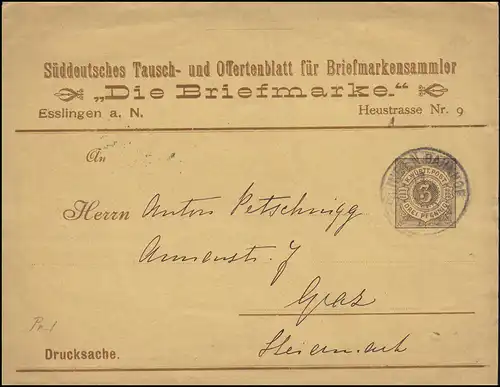 Württemberg PS 2 chiffre Objet imprimé Le timbre ESSLINGEN-BAHNHOF 17.1.1895
