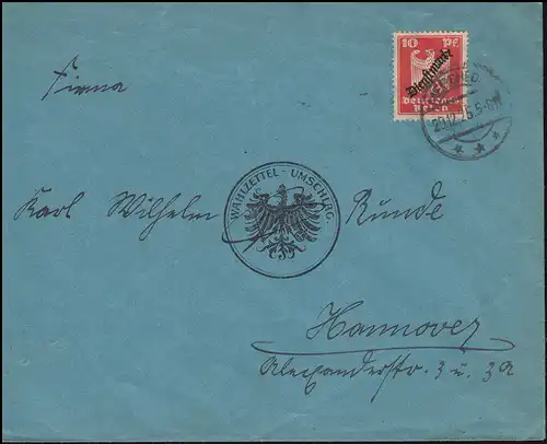 107 Dienstmarke EF Brief Wahlzettel-Umschlag MESCHEDE 29.12.1925 nach Hannover