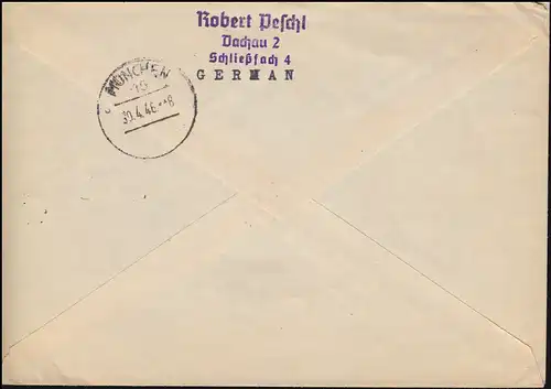 936 Ziffer 84 Pf EF auf R-Brief SSt TAG DER BEFREIUNG DACHAU 29.4.1945-46