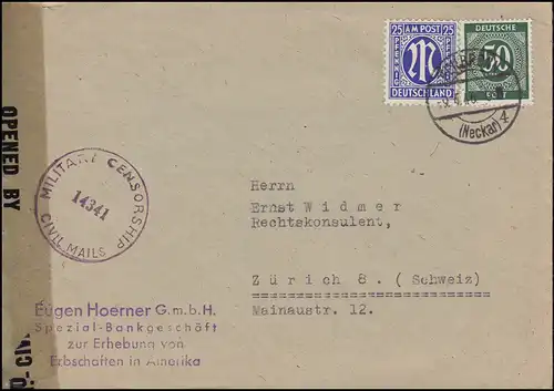 Censure 14341 Lettre de 13 AM-Post et 932 Communauté MiF HEILBRONN 9.4.1946