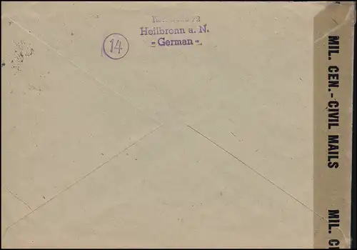 Censure 14341 Lettre de 13 AM-Post et 932 Communauté MiF HEILBRONN 9.4.1946