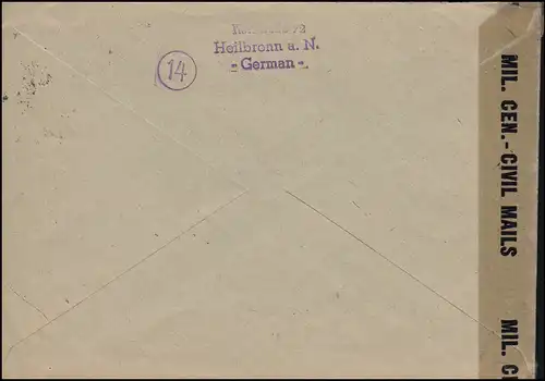Zensur 14341 Brief mit 13 AM-Post und 932 Gemeinschaft MiF HEILBRONN 9.4.1946