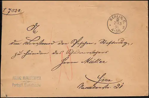 Affaire de service Ministère des Finances BERLIN 27.5.1891 par lettre locale/de postporto