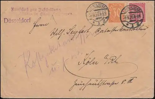 20+24 timbres de service MiF Lettre Comité Dégâts militaires DÜSSELDORF 9.9.1920 n. Cologne