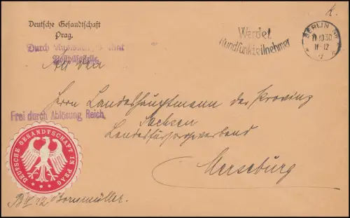 Libre par remplacement Reich Deutsche Zeitung à Prague Lettre BERLIN 11.10.30