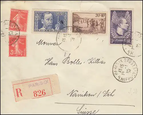 Frankreich 339ff Pasteur mit Zusatzfr. R-Brief Not-R-Zettel PARIS 19.1.1938