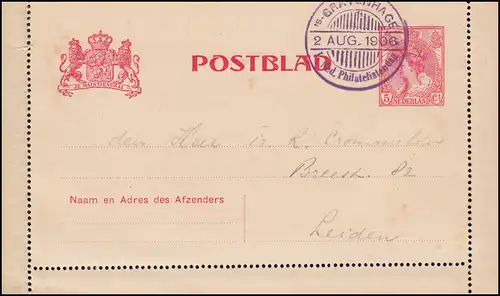 Niederlande Kartenbrief K 9 mit SSt s'GRAVENHAGE 1. Philatelistentag 2.8.1906