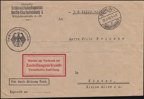 Frei durch Ablösung Reichswirtschaftsgericht Zustellungsurkunde BERLIN 28.3.1928