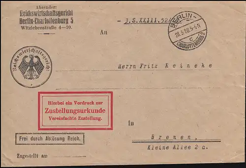 Libre par remplacement Reichswirtschaftsgericht Acte de signification et de notification BERLIN 28.3.1928