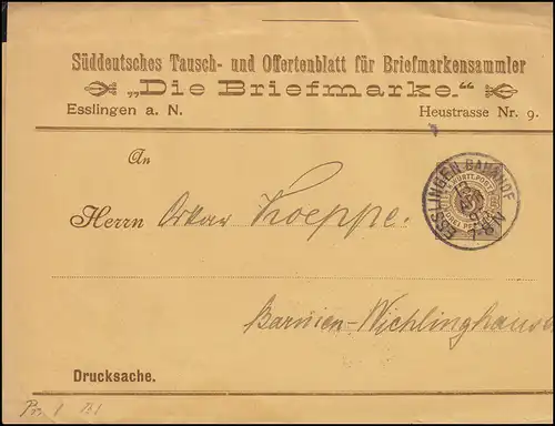 Württemberg PS 2 Ziffer Drucksache Die Briefmarke ESSLINGEN-BAHNHOF 13.4.1895