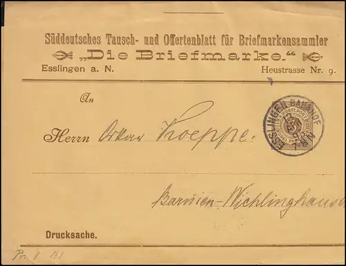 Württemberg PS 2 chiffre Objet imprimé Le timbre ESSLINGEN-BAHNHOF 13.4.1895