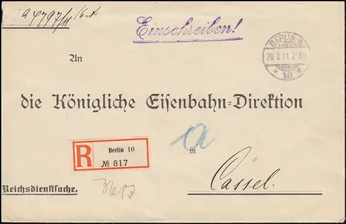 Affaire Reichs-Serverungsamt R-Lettre BERLIN 20.3.1911 à Kassel