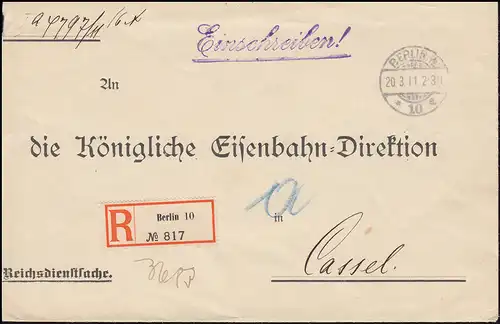 Reichsdienstsache Reichs-Versicherungsamt R-Brief BERLIN 20.3.1911 nach Kassel