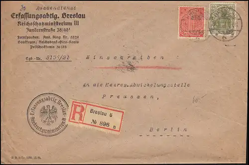30 Dienstmarke mit 147 Germania 60 Pf. MiF R-Brief BRESLAU 21.6.21, BPP-geprüft
