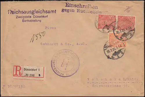 20+30 Dienstmarken R-Brief Reichsausgleichsamt DÜSSELDORF 25.7.22 nach Vohwinkel