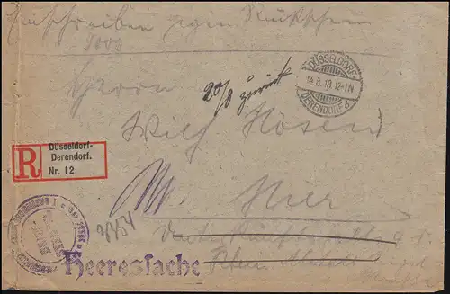 Heeressache Bezirkskommando Düsseldorf R-Brief DÜSSELDORF-DERENDORF 14.8.1918