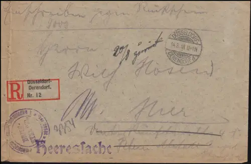 Heeresschichte Ministerskommando Düsseldorf R-Lettre DÜSSELDORF-DErendORf 14.8.1918