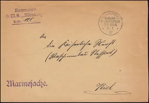 NAVIRE MARINE FRANÇAIS POST No 104 - 10.3.17 SMS Nuremberg sur l'affaire navale