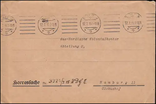 Heeressache Kriegsministerium BERLIN 17.7.1915 als Brief nach Hamburg