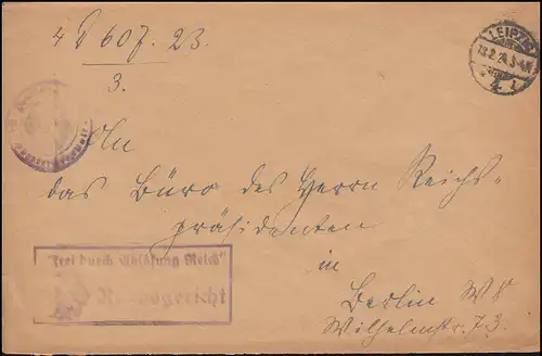 Libre par remplacement Reich Reichesgericht Lettre LEIPZIG 18.2.1924 à Berlin