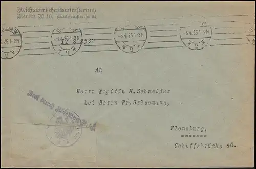 Frei durch Ablösung Reichswirtschaftsministerium BERLIN 8.4.1925 nach Flensburg