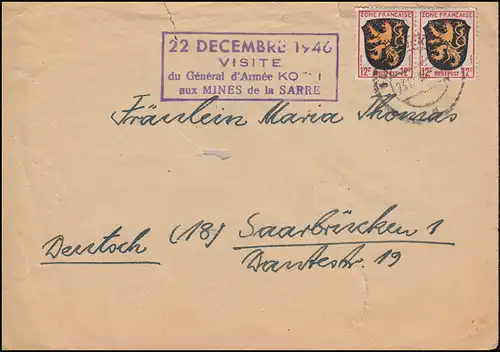 7 Wappen 12 Pf MeF Brief 23.12.46 mit Nebestempel 22.12.1946 Bergarbeiter-Besuch