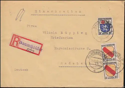 9+10 Freimarken Wappen 24+30 Pf MiF R-Brief Not-R-Zettel BAUMHOLDER 31.10.1946